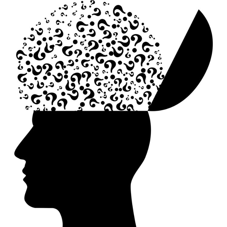 Representação da mente humana com questionamentos a respeito do autocuidado.